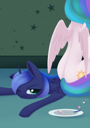 Size: 988x1394 | Tagged: safe, artist:dusthiel, imported from derpibooru, princess celestia, princess luna, alicorn, pony, atg 2021, butt, cake, cakelestia, female, food, luna is not amused, newbie artist training grounds, one eye closed, plot, royal sisters, sibling love, siblings, sisterly love, sisters, sitting on, sitting on person, sitting on pony, sunbutt, unamused