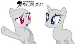 Size: 1195x687 | Tagged: safe, artist:kingbases, imported from derpibooru, oc, oc only, pegasus, pony, unicorn, bald, base, duo, frown, horn, pegasus oc, pointing, raised hoof, simple background, transparent background, underhoof, unicorn oc, wings