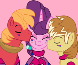 Size: 1165x968 | Tagged: safe, artist:box-of-ideas, artist:jadeharmony, artist:jadethepegasus, imported from derpibooru, big macintosh, feather bangs, sugar belle, earth pony, pony, unicorn, base used, bisexual, bisexual female, bisexual male, bisexual pride flag, cheek kiss, clothes, eyes closed, face paint, feathermac, female, gay, kiss on the cheek, kiss sandwich, kissing, male, mare, pink background, polyamory, pride, pride flag, scarf, shipping, simple background, socks, stallion, straight, striped socks, sugarbangs, sugarbangsmac, sugarmac