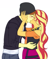 Size: 1313x1534 | Tagged: safe, artist:nairdags, imported from ponybooru, sunset shimmer, oc, oc:eclipse shadow, equestria girls, blushing, canon x oc, clothes, commission, female, hug, kissing, male, shipping, simple background