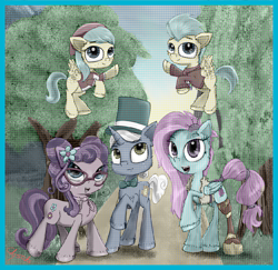 Size: 2000x1946 | Tagged: safe, artist:chopsticks, edit, imported from derpibooru, barley barrel, kerfuffle, petunia petals, pickle barrel, sunny skies, earth pony, pegasus, pony, unicorn, rainbow roadtrip, amputee, barrel twins, bow, brother and sister, clothes, colt, cute, female, filly, flying, foal, glasses, hat, illusion, male, mare, prosthetic limb, prosthetics, siblings, stallion, top hat, twins, unauthorized edit, von bezold spreading effect
