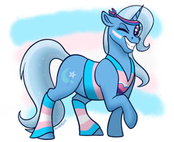 Size: 1280x1051 | Tagged: safe, artist:bellbell123, imported from derpibooru, trixie, pony, unicorn, clothes, grin, headband, headcanon, lgbt headcanon, looking at you, one eye closed, pride, pride flag, smiling, socks, solo, striped socks, trans trixie, transgender, transgender pride flag, vest, wink