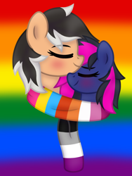 Size: 1068x1424 | Tagged: safe, artist:froyo15sugarblast, imported from derpibooru, oc, oc:hearty felt, oc:mistic spirit, cyborg, original species, pegasus, pony, asexual pride flag, blushing, clothes, cybernetic pony, eye clipping through hair, eyes closed, female, gay pride flag, gradient background, lesbian, lesbian pride flag, mare, misticfelt, nuzzling, oc x oc, pansexual pride flag, pride, pride flag, pride month, scarf, shipping, smol