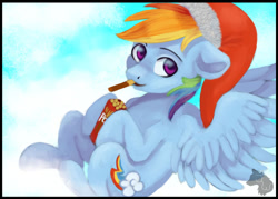 Size: 1024x732 | Tagged: safe, artist:jazzwolfblaze, imported from derpibooru, rainbow dash, pegasus, pony, christmas, food, hat, holiday, pocky, santa hat, solo