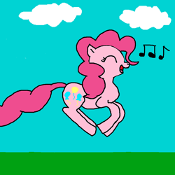 Size: 2000x2000 | Tagged: safe, artist:blazewing, imported from derpibooru, pinkie pie, earth pony, pony, atg 2021, cloud, colored background, drawpile, eyes closed, female, grass, high res, mare, music notes, newbie artist training grounds, open mouth, open smile, outdoors, ponk, pronking, singing, smiling, solo