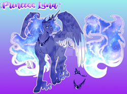 Size: 1920x1423 | Tagged: safe, artist:hazelthedevil, imported from derpibooru, princess luna, alicorn, pony, collar, crown, ethereal mane, fluffy, galaxy mane, glowing mane, jewelry, moon, redesign, regalia, sparkles, starry mane