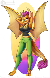 Size: 825x1275 | Tagged: safe, artist:bumblebun, artist:inkkeystudios, imported from derpibooru, smolder, anthro, digitigrade anthro, dragon, arm behind head, armpits, barefoot, big breasts, breasts, busty smolder, cleavage, clothes, commission, dragoness, feet, female, gradient background, large wings, lidded eyes, lizard breasts, looking at you, midriff, older, older smolder, pants, simple background, smiling, solo, spread wings, tanktop, white background, wings