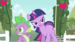 Size: 1920x1080 | Tagged: safe, imported from derpibooru, screencap, spike, twilight sparkle, dragon, pony, unicorn, friendship is magic, season 1, barrier, cloud, crops, cutie mark, day, decor, duo, evacuation, farm, female, frown, green coiffure, green eyes, haunting, head turned, hellhole, hill, hæd turned, looking at you, male, mare, multicolored coiffure, multicolored mane, multicolored tail, purple eyes, purple fur, purple skin, scenery, sees you, strange mountain, sweet apple acres, tree, turned head, two, unicorn twilight, wreath