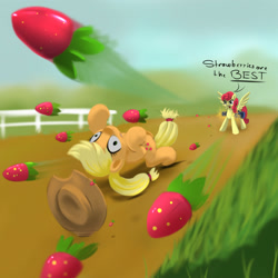 Size: 2000x2000 | Tagged: safe, artist:darksly, imported from derpibooru, applejack, strawberry sunrise, earth pony, pegasus, pony, honest apple, bullet time, dodge, duo, duo female, female, food, fruit, gun, high res, mare, minigun, newbie artist training grounds, slow motion, spread wings, strawberry, strawberry savage, the matrix, weapon, wings