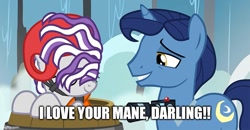 Size: 817x424 | Tagged: safe, edit, edited screencap, imported from derpibooru, screencap, night light, twilight velvet, once upon a zeppelin, season 7, caption, female, image macro, male, nightvelvet, shipping, straight, text