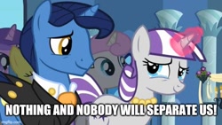 Size: 666x375 | Tagged: safe, edit, edited screencap, imported from derpibooru, screencap, night light, twilight velvet, pony, unicorn, a canterlot wedding, season 2, caption, crying, female, image macro, male, nightvelvet, shipping, straight, tears of joy, text