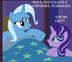 Size: 775x672 | Tagged: safe, artist:90sigma, edit, edited screencap, imported from derpibooru, screencap, starlight glimmer, trixie, pony, uncommon bond, bed, female, implied shipping, lesbian, shipping, startrix