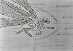 Size: 1024x711 | Tagged: safe, artist:hofdawn, imported from derpibooru, oc, oc only, pegasus, pony, armor, bullet, charging, doodle, graph paper, helmet, male, newbie artist training grounds, pegasus oc, solo, traditional art, wings