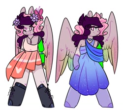 Size: 1268x1132 | Tagged: safe, artist:chyoatas, imported from derpibooru, oc, oc only, anthro, butterfly, pegasus, amputee, clothes, dress, duo, flower, flower in hair, jewelry, necklace, one eye closed, pegasus oc, prosthetic limb, prosthetics, simple background, smiling, white background, wings, wink