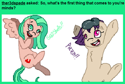 Size: 508x342 | Tagged: safe, artist:hollllow, imported from derpibooru, oc, oc only, earth pony, pegasus, pony, :d, ask, duo, earth pony oc, open mouth, pegasus oc, smiling, underhoof, wings