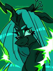 Size: 640x853 | Tagged: safe, artist:saffsketches, imported from derpibooru, queen chrysalis, changeling, changeling queen, bust, crown, female, jewelry, mare, regalia, simple background, smiling, solo, wingding eyes