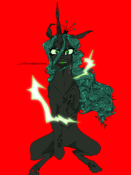 Size: 640x853 | Tagged: safe, artist:saffsketches, imported from derpibooru, queen chrysalis, changeling, changeling queen, crown, fangs, female, jewelry, looking at camera, looking at you, mare, red background, regalia, simple background, sitting, solo