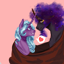 Size: 1280x1280 | Tagged: safe, artist:lambentmlp, idw, imported from derpibooru, king sombra, radiant hope, pony, umbrum, unicorn, alternate design, cloak, clothes, crossed horns, female, hopebra, horn, horns are touching, looking at each other, male, mare, shipping, simple background, stallion, straight