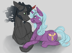 Size: 762x557 | Tagged: safe, artist:lambentmlp, idw, imported from derpibooru, king sombra, radiant hope, pony, umbrum, unicorn, female, hooves together, hopebra, looking at each other, lying down, male, mare, shipping, simple background, stallion, straight