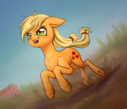 Size: 700x600 | Tagged: safe, artist:zetamad, imported from derpibooru, applejack, earth pony, pony, female, floppy ears, hatless, mare, missing accessory, mud, open mouth, running, solo