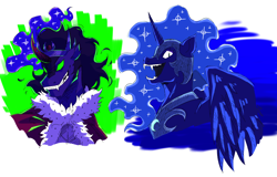 Size: 1280x818 | Tagged: safe, artist:ghost-wants-murder, imported from derpibooru, king sombra, nightmare moon, alicorn, pony, umbrum, unicorn, armor, bust, cape, clothes, crown, fangs, female, jewelry, looking at you, male, mare, regalia, simple background, stallion, white background