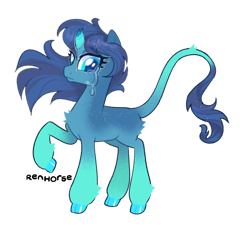 Size: 1280x1280 | Tagged: safe, artist:renhorse, imported from derpibooru, oc, oc only, pony, unicorn, adoptable, broken horn, cloven hooves, crying, female, horn, leonine tail, mare, solo