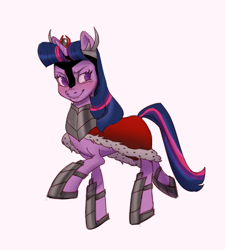 Size: 748x831 | Tagged: safe, artist:gloomy-doom, imported from derpibooru, twilight sparkle, pony, unicorn, accessory swap, armor, blushing, cape, clothes, corrupted twilight sparkle, crown, evil twilight, female, jewelry, mare, regalia, simple background, solo, sombra's cape, unicorn twilight, white background