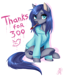 Size: 2993x3561 | Tagged: safe, artist:megabait, imported from derpibooru, oc, oc only, oc:lina, earth pony, pony, blue hair, blue hoodie, brush, earth pony oc, female, high res, lock, mare, meta, not minkie pie, paint, twitter