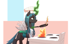 Size: 4782x2876 | Tagged: safe, artist:vanillaghosties, imported from derpibooru, queen chrysalis, changeling, changeling queen, apron, atg 2021, chef's hat, clothes, cooking, female, fortnite, frying pan, hat, high res, newbie artist training grounds, solo, stove