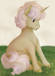 Size: 564x768 | Tagged: safe, artist:pigeorgien, imported from derpibooru, oc, oc only, oc:trefoil clover, pony, unicorn, clover, female, filly, grass, grass field, sitting, solo, unshorn fetlocks, younger