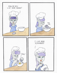 Size: 764x973 | Tagged: safe, artist:lost marbles, imported from derpibooru, maud pie, earth pony, pony, atg 2021, bowl, chef's hat, comic, cooking, hat, newbie artist training grounds, rock, simple background, traditional art, white background