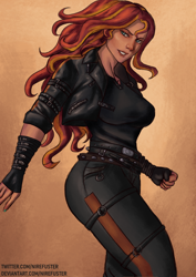 Size: 2480x3508 | Tagged: safe, artist:nire, imported from derpibooru, sunset shimmer, equestria girls, belts, breasts, busty sunset shimmer, clothes, female, gauntlet, high res, jacket, leather jacket, looking at you, pants, shirt, solo, solo female