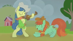 Size: 2000x1125 | Tagged: safe, artist:mandumustbasukanemen, imported from derpibooru, candy apples, fiddlesticks, earth pony, pony, apple family member, bipedal, building, clothes, cowboy hat, cute, dancing, duo, fiddle, hat, musical instrument, standing on two hooves, tree