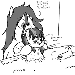 Size: 1200x1200 | Tagged: safe, artist:pony quarantine, imported from derpibooru, oc, oc only, oc:anon-mare, oc:anonogee, earth pony, pegasus, pony, bath, bath time, bathtub, black and white, dirty, duo, female, filly, freckles, grayscale, magical lesbian spawn, mare, monochrome, mother and child, mother and daughter, offspring, parent:oc:apogee, parent:oc:filly anon, parents:oc x oc, simple background, white background