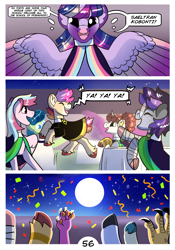 Size: 2100x3000 | Tagged: safe, artist:loryska, imported from derpibooru, twilight sparkle, oc, oc:clarabelle, oc:conundrum solar flare, oc:niko, oc:plumeria, alicorn, hybrid, pony, zony, comic:friendship grows, high res, moon, offspring, parent:derpy hooves, parent:doctor whooves, parent:quibble pants, parent:rainbow dash, parents:doctorderpy, parents:quibbledash, twilight sparkle (alicorn)