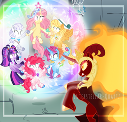 Size: 3840x3670 | Tagged: safe, artist:interstellar-quartz, imported from derpibooru, applejack, daybreaker, fluttershy, pinkie pie, rainbow dash, rarity, twilight sparkle, oc, oc:amaryllis, oc:iridescent, oc:ivory, oc:solar daybreaker, oc:sparkling cider, oc:surprise fuchsia, oc:twinkie sprinkle, pegasus, pony, alternate design, alternate universe, amaryllisverse, earth pony rarity, earth pony twilight, flapplejack, high res, magic, mane six, pegasus pinkie pie, race swap, ultimare universe, unicorn fluttershy, unicorn rainbow dash