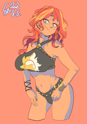 Size: 1400x2000 | Tagged: safe, artist:sozglitch, imported from derpibooru, sunset shimmer, equestria girls, belly button, big breasts, bikini, breasts, busty sunset shimmer, clothes, female, red background, simple background, solo, swimsuit