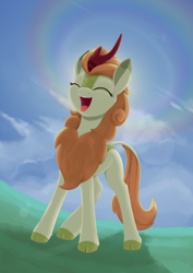 Size: 988x1394 | Tagged: safe, artist:dusthiel, imported from derpibooru, autumn blaze, kirin, atg 2021, eyes closed, newbie artist training grounds, open mouth, open smile, smiling, solo