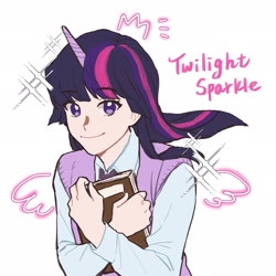 Size: 2048x2048 | Tagged: safe, artist:papu, imported from derpibooru, twilight sparkle, alicorn, human, alicorn humanization, book, crown, cute, high res, horn, horned humanization, humanized, jewelry, regalia, solo, sparkles, sweater vest, twilight sparkle (alicorn), winged humanization, wings