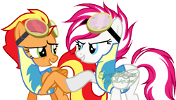 Size: 1222x699 | Tagged: safe, artist:pegasski, artist:s-oujiisan, imported from derpibooru, oc, oc only, oc:cherry flames, oc:firefoot, pegasus, pony, base used, clothes, female, goggles, mare, simple background, transparent background, uniform, watermark, wonderbolt trainee uniform