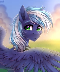 Size: 1690x2048 | Tagged: safe, artist:hakaina, imported from derpibooru, oc, oc only, oc:moonlight drop, pegasus, pony, headphones, looking at you, looking back, looking back at you, male, solo, spread wings, stallion, wings