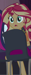 Size: 441x1038 | Tagged: safe, imported from derpibooru, screencap, sci-twi, sunset shimmer, twilight sparkle, cheer you on, equestria girls, equestria girls series, spoiler:eqg series (season 2), chair, clothes, cropped, gasp, leather, leather vest, offscreen character, offscreen human, open mouth, shocked, shoulderless shirt, sitting, skirt, spikes, vest