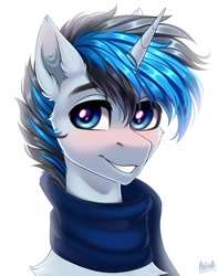 Size: 3000x3800 | Tagged: safe, artist:hakaina, imported from derpibooru, oc, oc only, oc:solar gizmo, pony, unicorn, blushing, clothes, high res, looking at you, male, scarf, simple background, smiling, stallion, white background