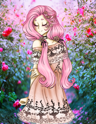 Size: 1172x1514 | Tagged: safe, artist:jvartes6112, imported from derpibooru, fluttershy, human, clothes, dress, eyes closed, female, flower, humanized, outdoors, smiling, solo