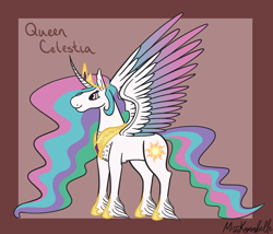 Size: 1750x1500 | Tagged: safe, artist:misskanabelle, imported from derpibooru, princess celestia, alicorn, pony, abstract background, feathered fetlocks, female, horn, jewelry, mare, peytral, signature, solo, story included, tiara, wings