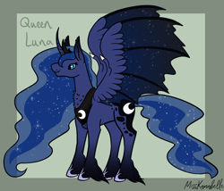 Size: 1750x1500 | Tagged: safe, artist:misskanabelle, imported from derpibooru, princess luna, alicorn, bat pony, bat pony alicorn, pony, abstract background, bat wings, ethereal mane, female, hoof fluff, horn, hybrid wings, mare, peytral, signature, solo, starry mane, story included, wings