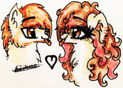 Size: 2249x1609 | Tagged: safe, artist:beamybutt, imported from derpibooru, oc, oc only, earth pony, pony, wolf, :p, bust, chest fluff, duo, ear fluff, earth pony oc, eyelashes, female, heart, mare, signature, tongue out, traditional art