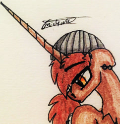 Size: 1782x1838 | Tagged: safe, artist:beamybutt, imported from derpibooru, oc, oc only, pony, unicorn, beanie, bust, hat, horn, looking back, signature, solo, traditional art, unicorn oc