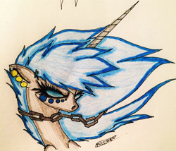 Size: 2410x2059 | Tagged: safe, artist:beamybutt, imported from derpibooru, oc, oc only, oc:moonbeam, pony, unicorn, bust, chains, ear piercing, eyelashes, female, high res, horn, mare, piercing, signature, solo, traditional art, unicorn oc