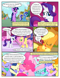 Size: 612x792 | Tagged: safe, artist:newbiespud, edit, edited screencap, imported from derpibooru, screencap, amethyst star, applejack, bon bon, carrot top, cherry berry, cloud kicker, fluttershy, golden harvest, linky, lyra heartstrings, minuette, pinkie pie, rarity, sea swirl, seafoam, shoeshine, sparkler, spring melody, sprinkle medley, sweetie drops, twilight sparkle, earth pony, pegasus, pony, unicorn, comic:friendship is dragons, a friend in deed, green isn't your color, magical mystery cure, applejack's hat, background pony, bipedal, building, comic, cowboy hat, eyelashes, eyes closed, hat, horn, looking back, morning in ponyville, open mouth, outdoors, screencap comic, singing, smile song, smiling, speech bubble, unicorn twilight, wings